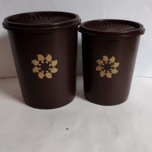Vintage Tupperware Brown Mushroom Sunburst Canister Servalier Set Of 2